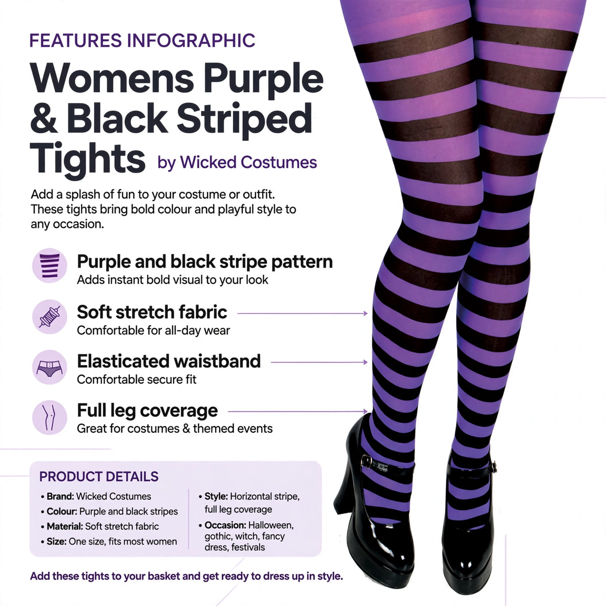 Features purple and black stripes, soft stretch fabric, elasticated waistband, and full leg coverage