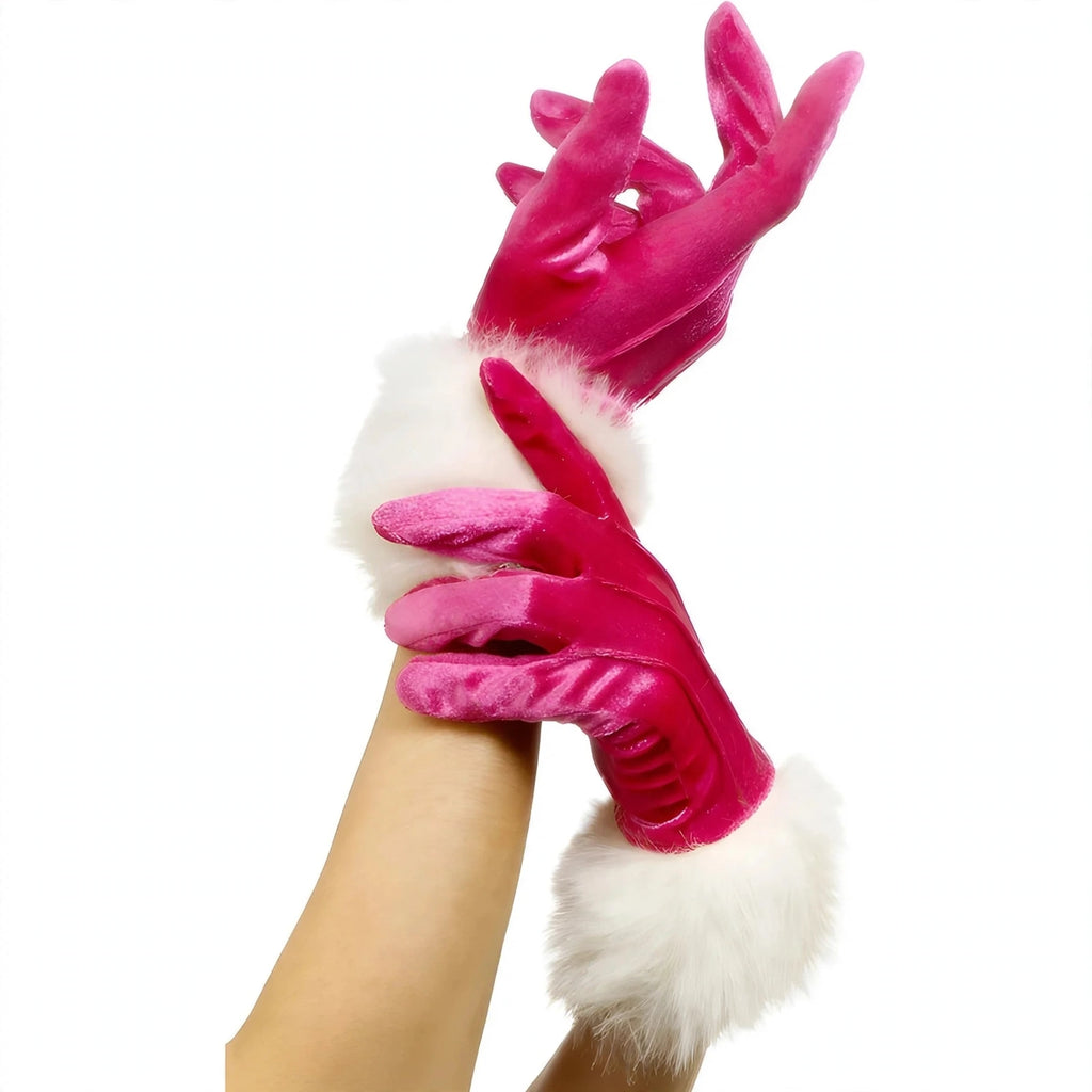 Womens Santa Christmas gloves in pink with white faux-fur trim