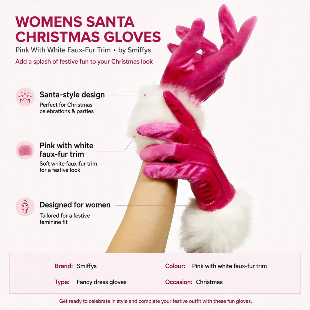 Infographic showing Santa-style design and pink gloves with white faux-fur trim