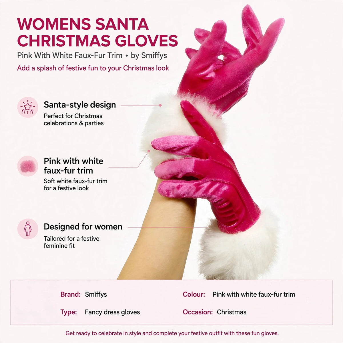 Infographic showing Santa-style design and pink gloves with white faux-fur trim