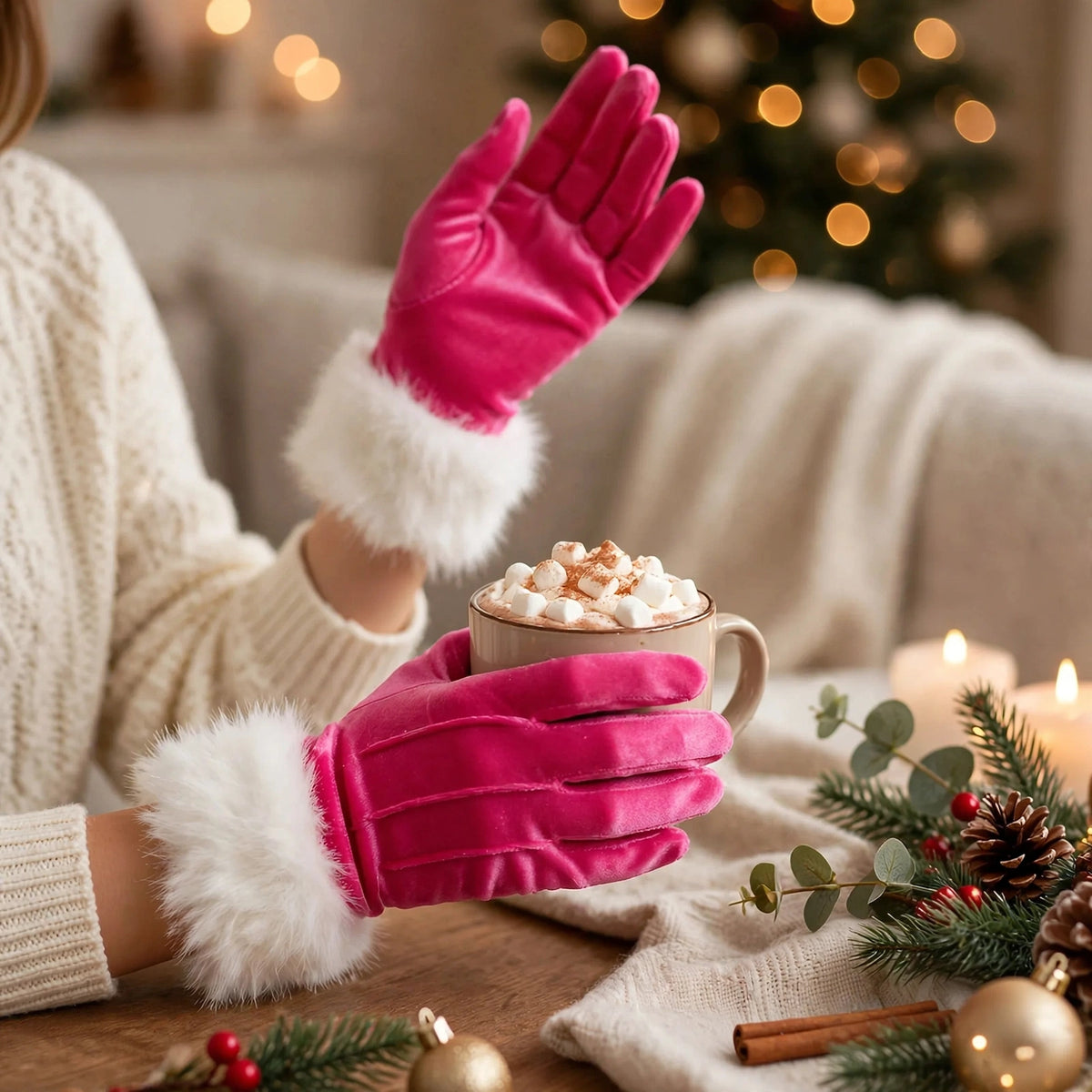 Womens Santa Christmas gloves worn as part of a festive Christmas outfit