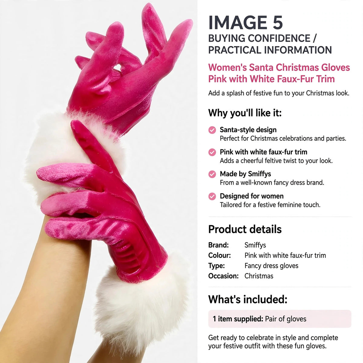 Smiffys womens Santa Christmas gloves designed for festive Christmas celebrations