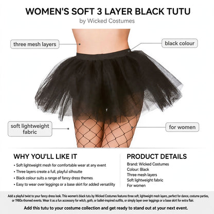 Three mesh layers and soft lightweight fabric features of the womens black tutu