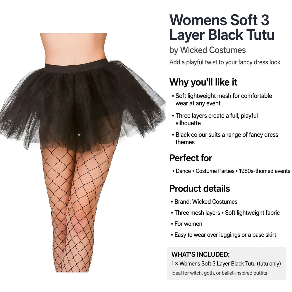 Womens black tutu designed for layering over leggings or base skirts