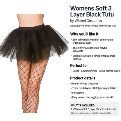 Womens black tutu designed for layering over leggings or base skirts