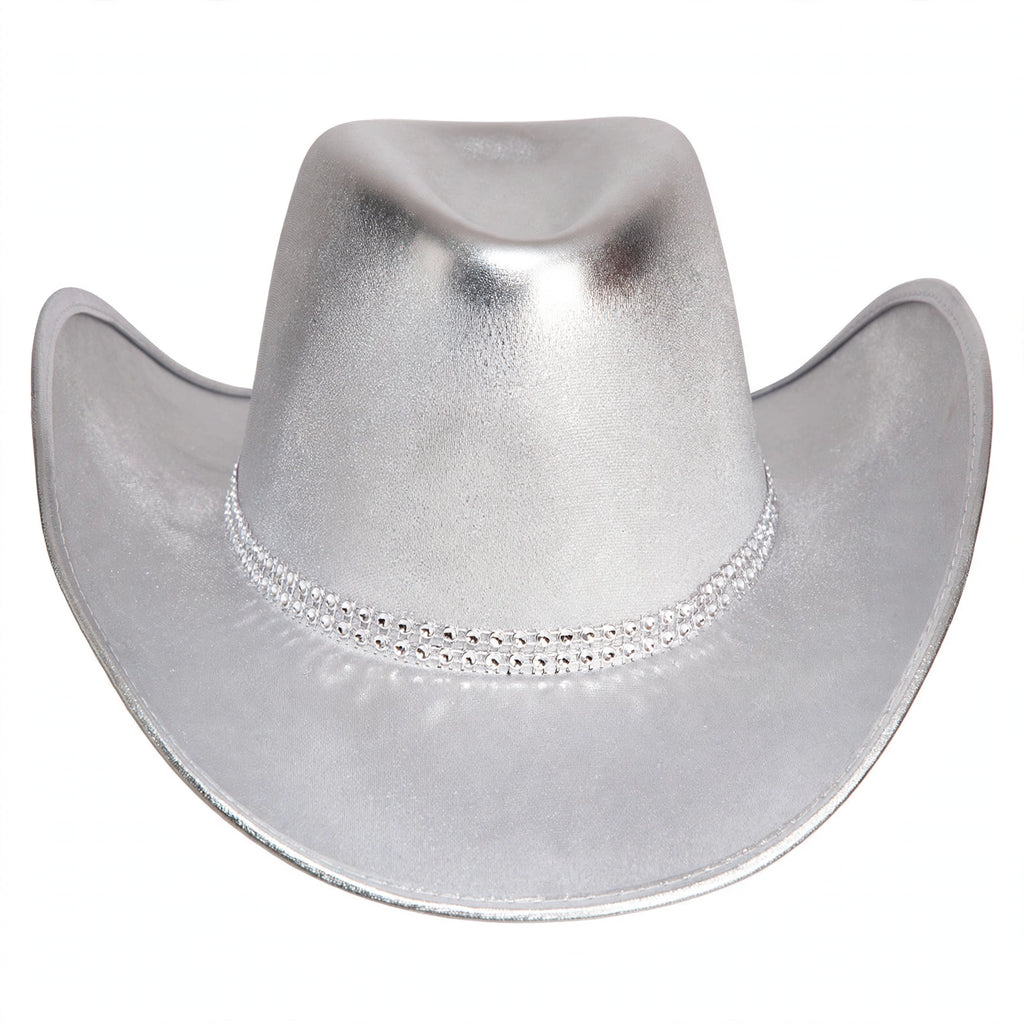 Close-up view of silver cowboy hat with rhinestone band