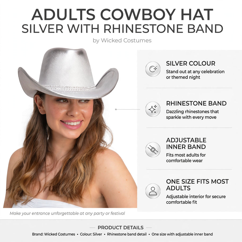 Silver cowboy hat featuring rhinestone band and adjustable inner band