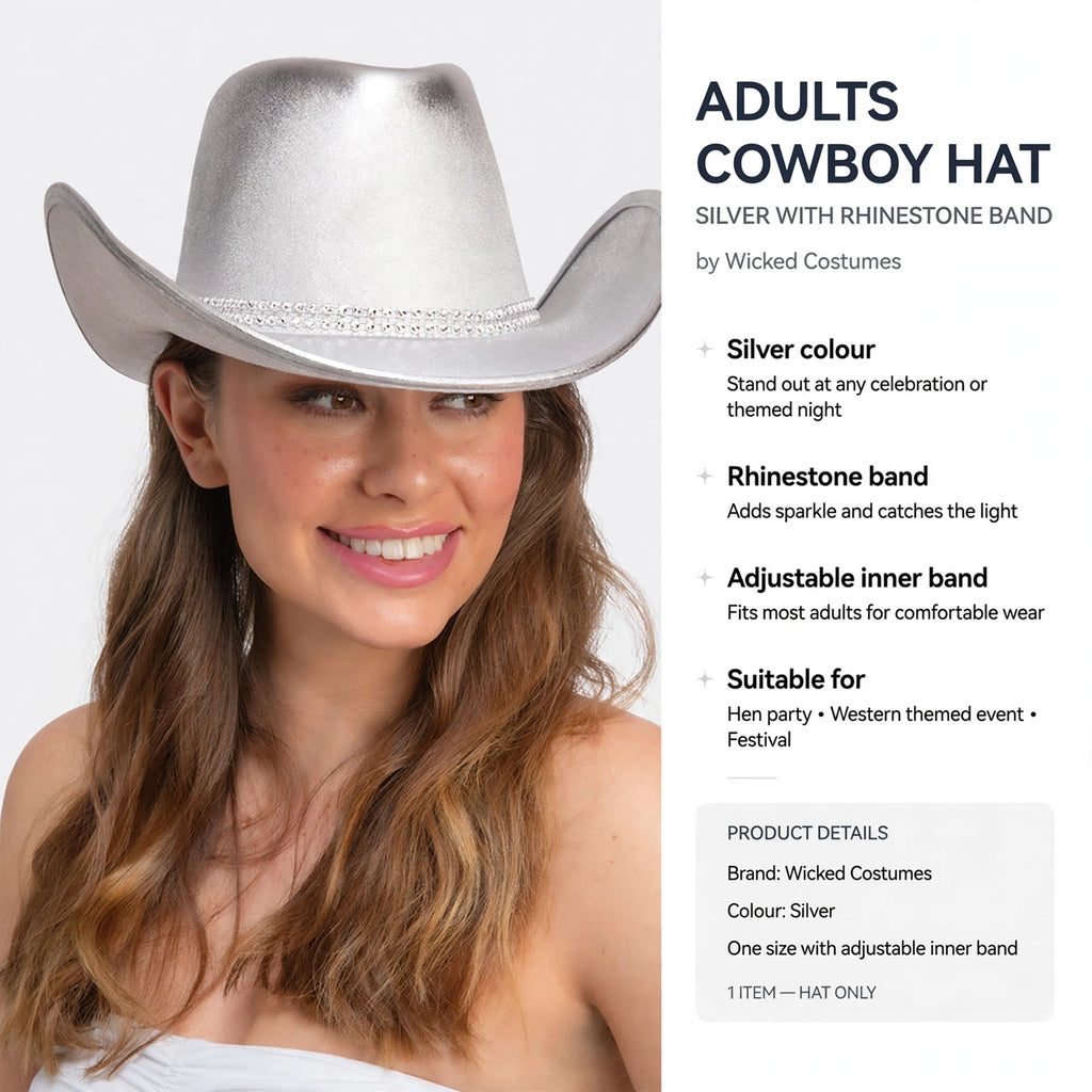 Silver cowboy hat with adjustable inner band for most adults