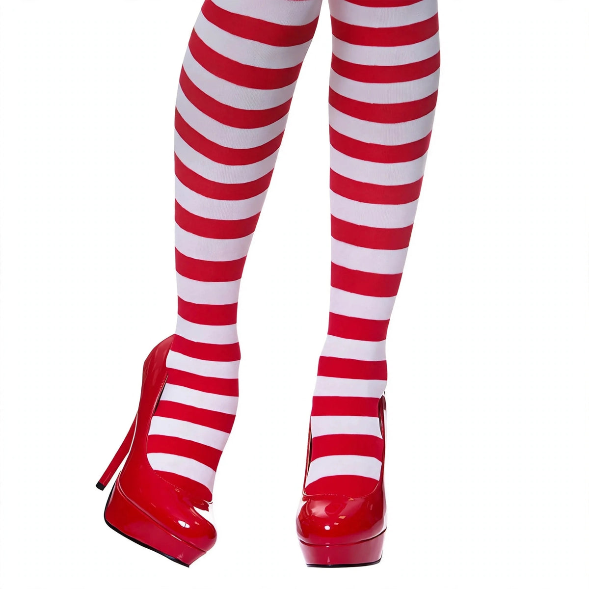 Close-up view of red and white candystripe pattern on womens thigh high stockings