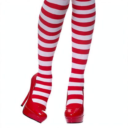 Close-up view of red and white candystripe pattern on womens thigh high stockings