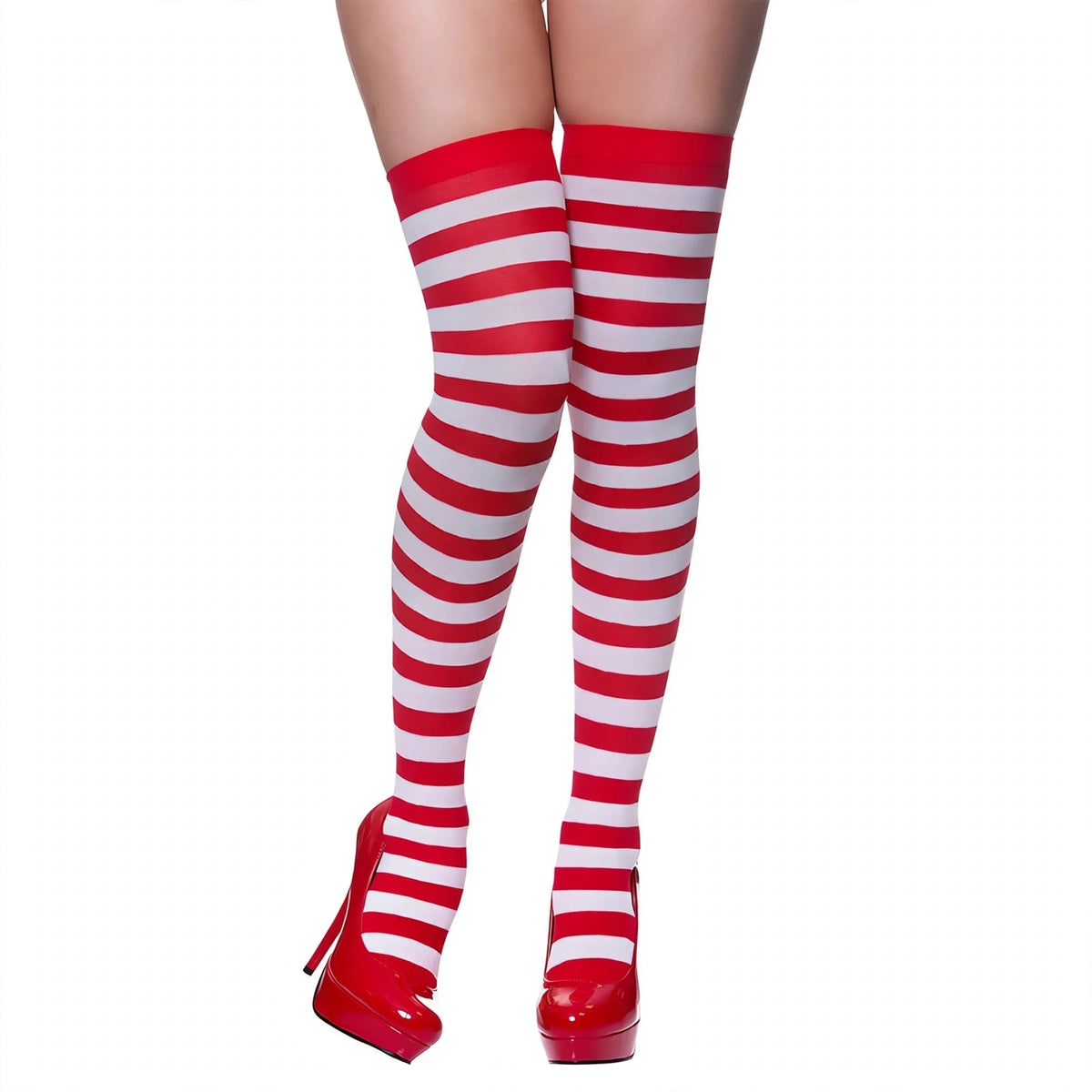 Womens thigh high stockings with red and white candystripe design