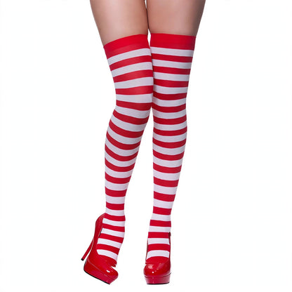 Womens thigh high stockings with red and white candystripe design