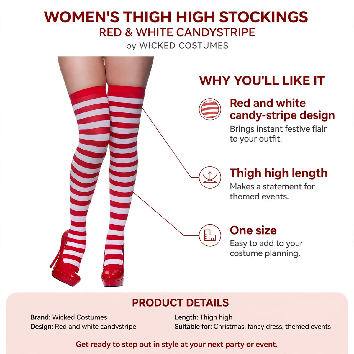 Features red and white candy-stripe design, thigh high length, and one size fit