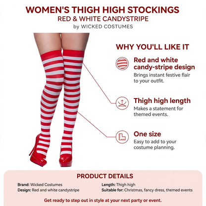 Features red and white candy-stripe design, thigh high length, and one size fit