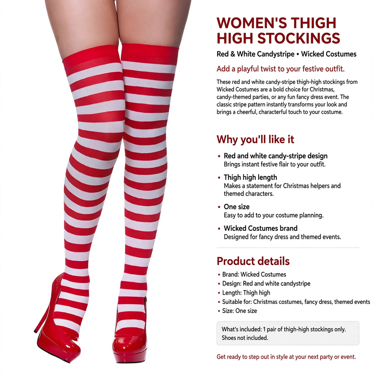 Womens thigh high stockings suitable for Christmas costumes, fancy dress, and themed events