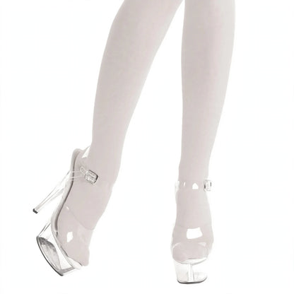 Close-up view of womens white opaque tights fabric and texture