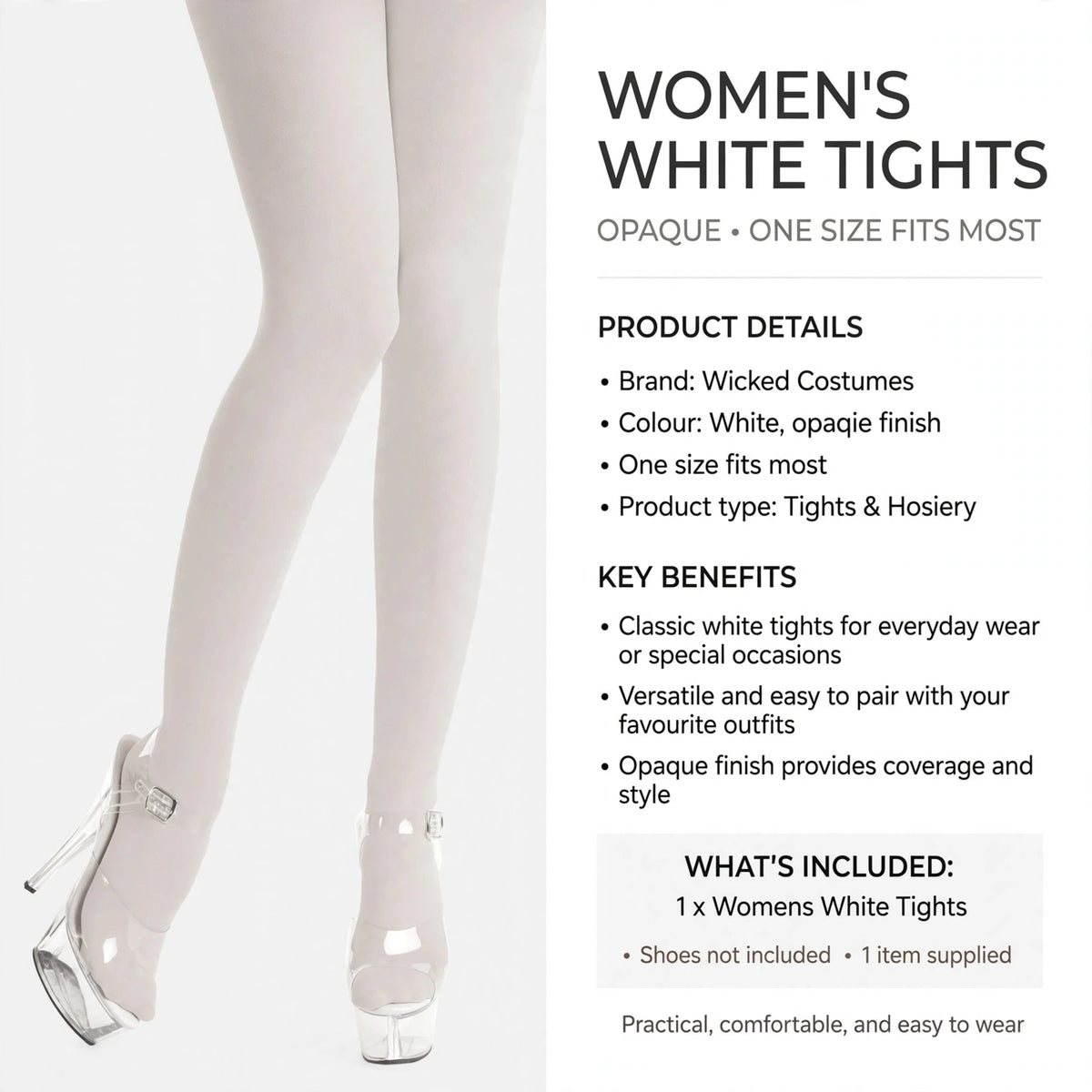 Womens white tights with opaque finish and one size fits most sizing