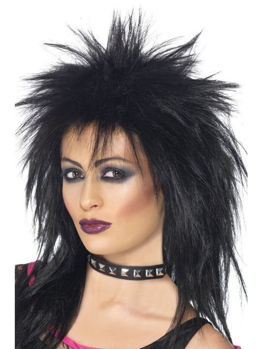 Womens 1980s Fancy Dress Long Black Spiky Mullet Wigs