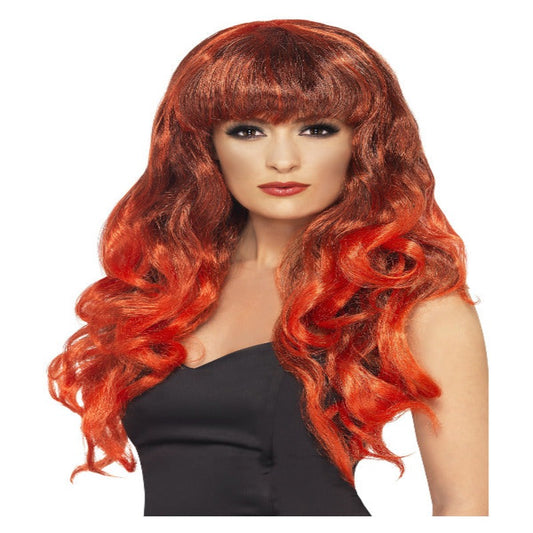 Women's Long Red & Black Curly Fancy Dress Wig With Fringe
