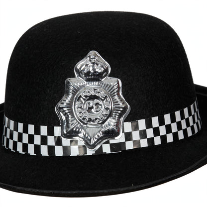 Close-up view of WPC Policewoman Fancy Dress Hat showing black and white colours and structured design