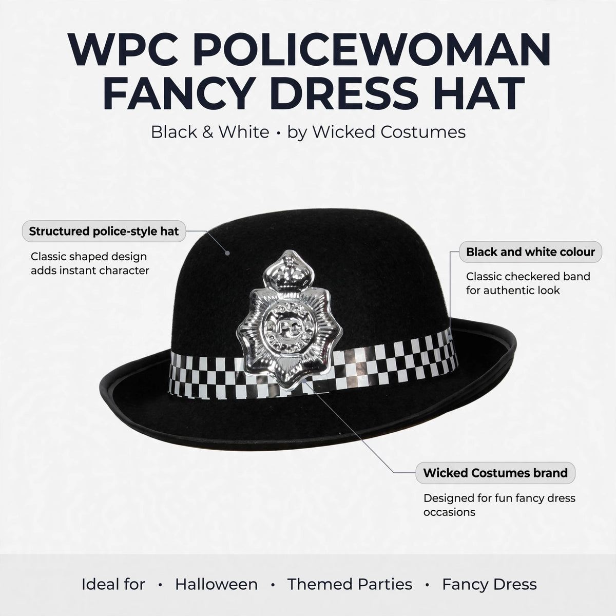 Infographic showing structured police-style hat in black and white by Wicked Costumes