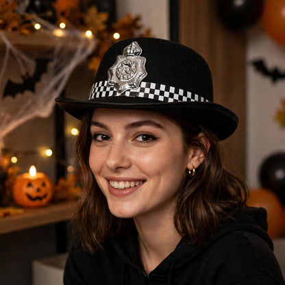 WPC Policewoman Fancy Dress Hat worn as part of a policewoman costume for fancy dress events