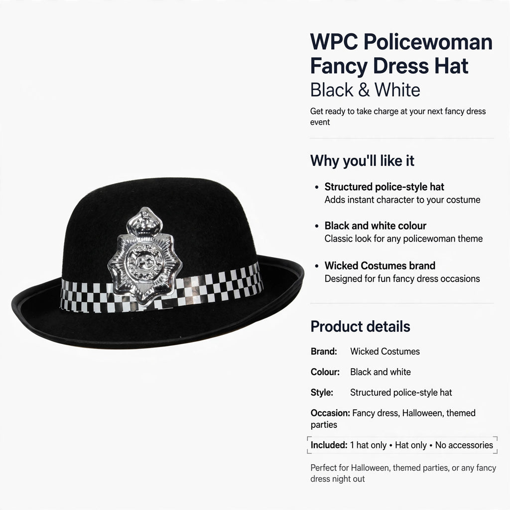 WPC Policewoman Fancy Dress Hat designed for fancy dress, Halloween, and themed parties