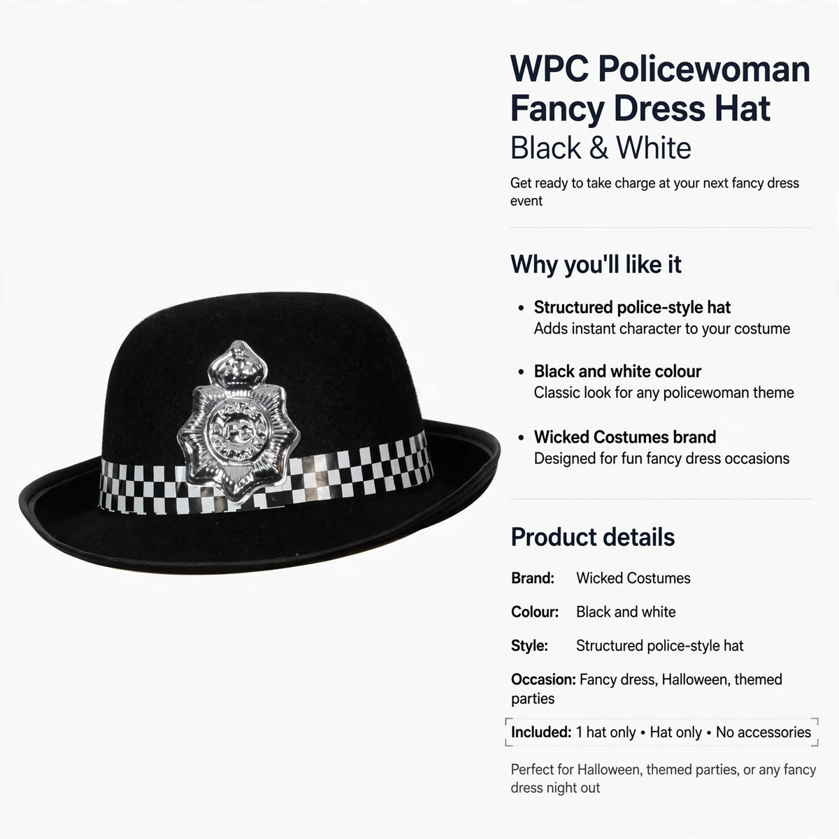 WPC Policewoman Fancy Dress Hat designed for fancy dress, Halloween, and themed parties
