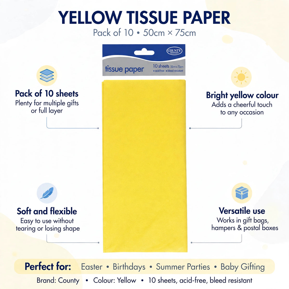 Infographic showing pack of 10 yellow tissue paper sheets with soft, flexible texture and bright colour