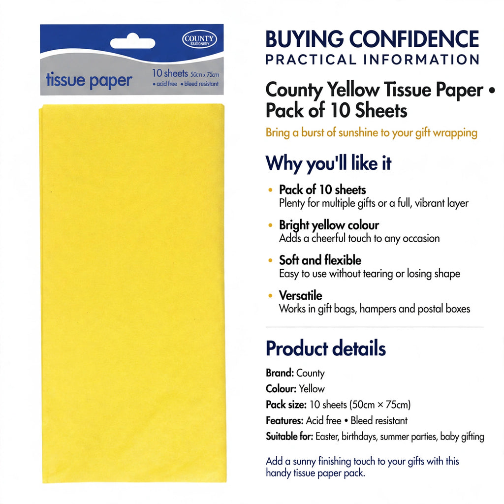 Yellow tissue paper pack includes ten sheets suitable for gift bags, hampers, and boxes