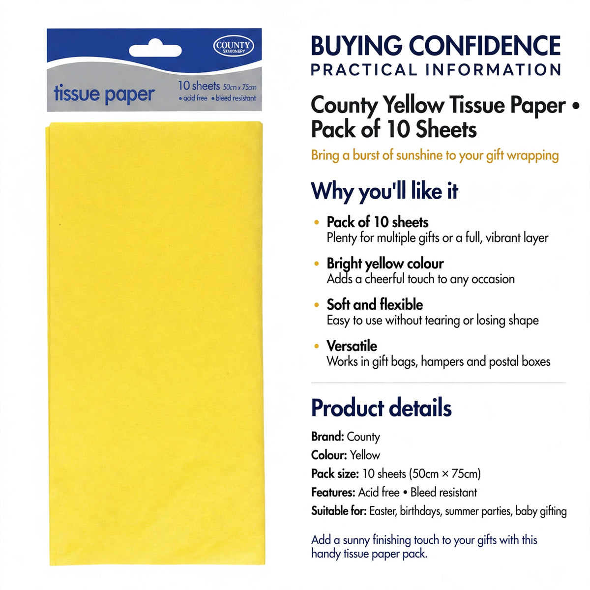 Yellow tissue paper pack includes ten sheets suitable for gift bags, hampers, and boxes